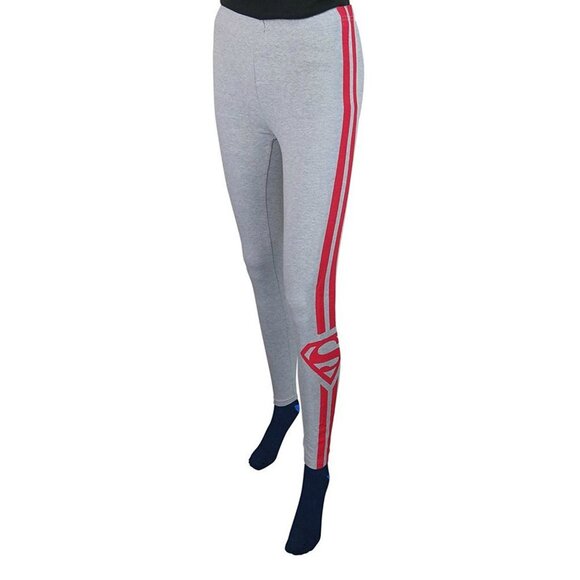 Leggings L - Superman/Supergirl Gray Red Stipe Logo Ankle Length Stretch New NWT - Picture 2 of 2